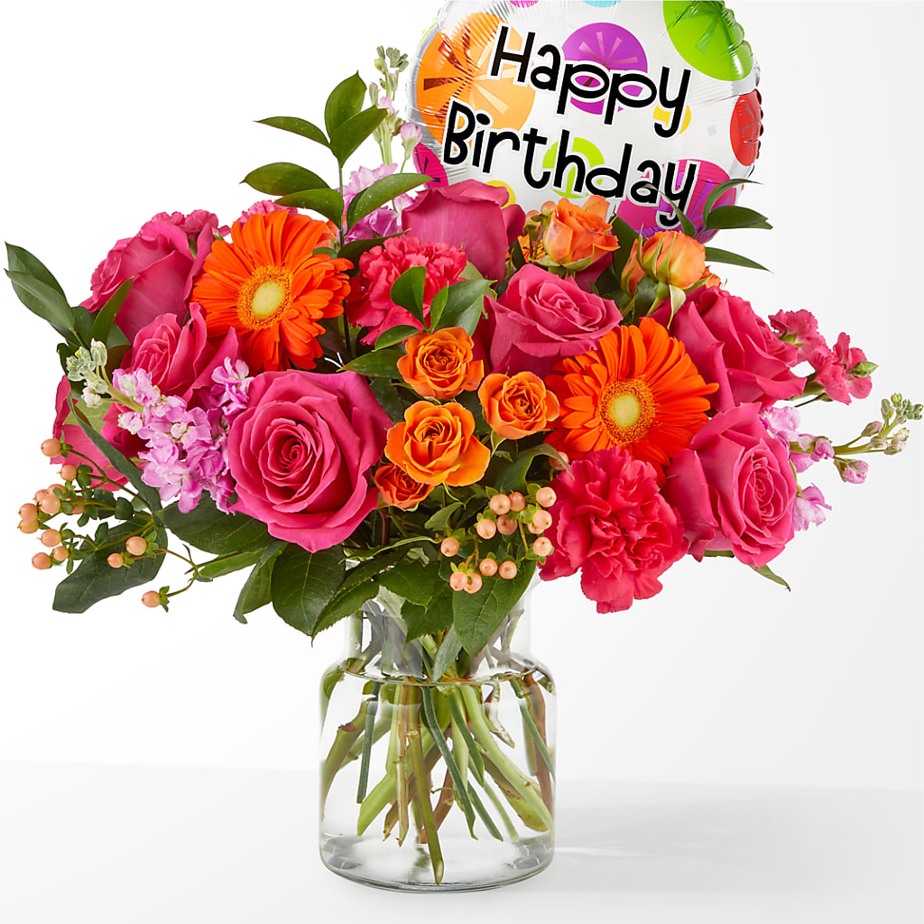 Fiesta Bouquet with Birthday Balloon – STEMZ FLORIST & TREASURES, Calgary AB