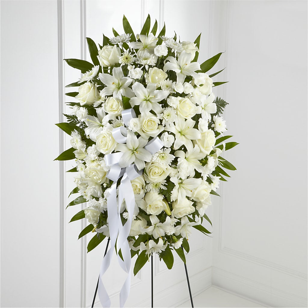 Exquisite Tribute Standing Spray-White Ribbon – STEMZ FLORIST & TREASURES, Calgary AB