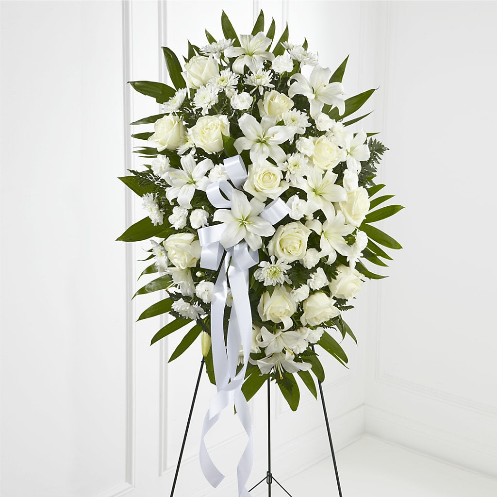 Exquisite Tribute Standing Spray-White Ribbon – STEMZ FLORIST & TREASURES, Calgary AB